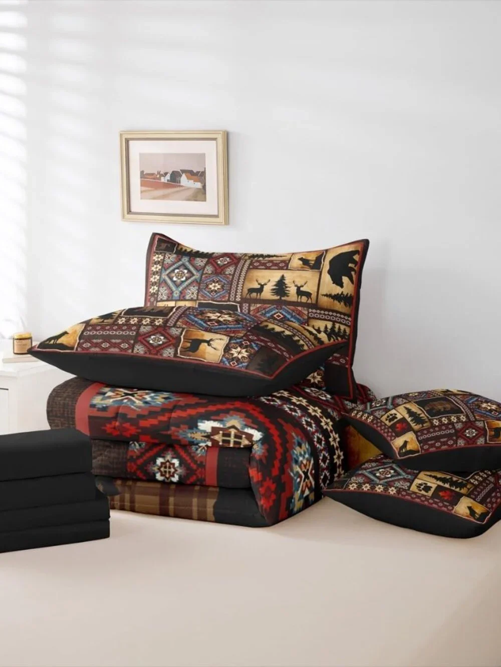 7 Piece Rustic Cabin Plaid Comforter Set Queen,Rustic Farmhouse Aztec Bedding Se